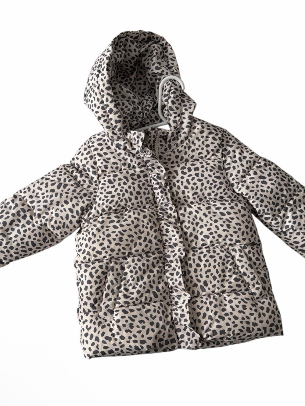 GAP Girls' Cream and Black Leopard Print Hooded Puffer Jacket size 5 years